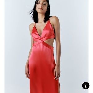 Zara satin effect cut out midi pink dress small nwt